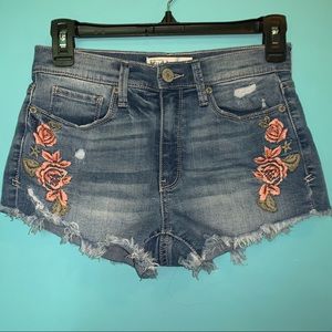 Distressed Embroidered Jean Shorts